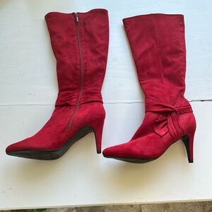 Red high heel boots, faux suede, size 8. About a 3 inch heel. Brand new